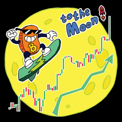 Bitcoin in sunglasses smiles and flies on a surfboard along the cryptocurrency chart up the moon