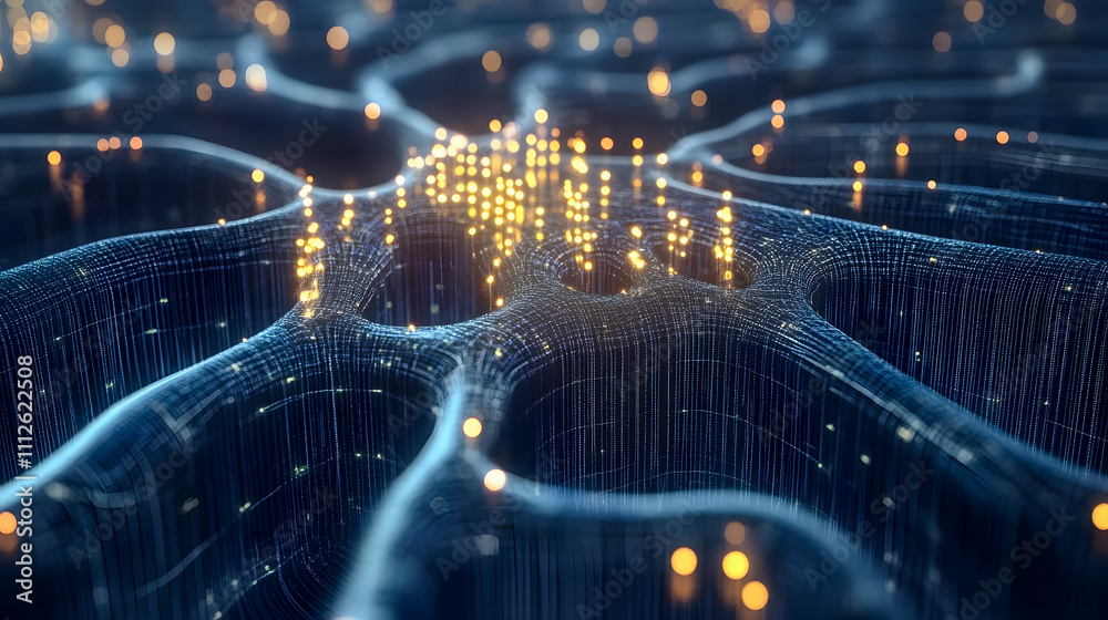 Poster abstract digital network with glowing nodes and interconnected lines illustrating complex data flow 