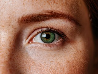 Fototapeta premium Soft freckles on a womans face in natural light, natural beauty, pure and authentic skin