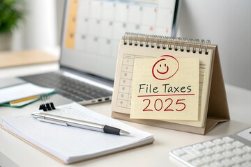 A desktop calendar with a note labeled "File Taxes 2025" and a smiley face, surrounded by a pen, notebook, and a laptop. Captures organization and positive planning for tax season.