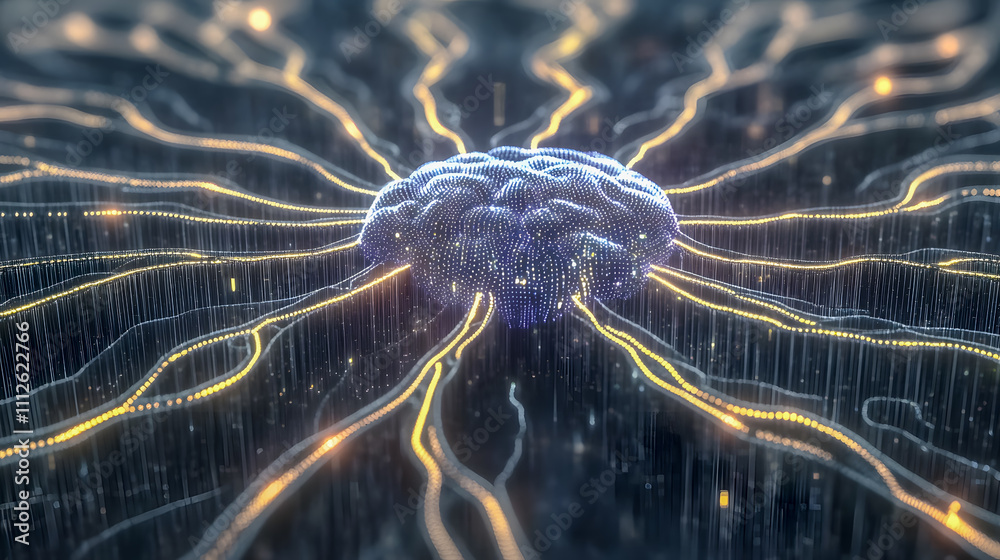 Poster abstract digital illustration of a brain with neural connections representing technology, intelligen