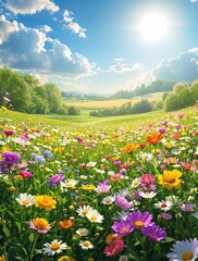 Obraz premium A colorful array of wildflowers blooms in a vibrant meadow, basking in the radiant energy of the sun, wildflowers, outdoors, meadow, sunlight