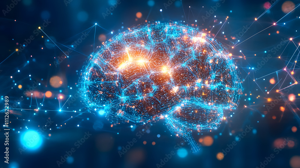 Poster Futuristic Digital Brain Visualization with Interconnected Lines and Glowing Nodes Representing Artificial Intelligence and Data Processing