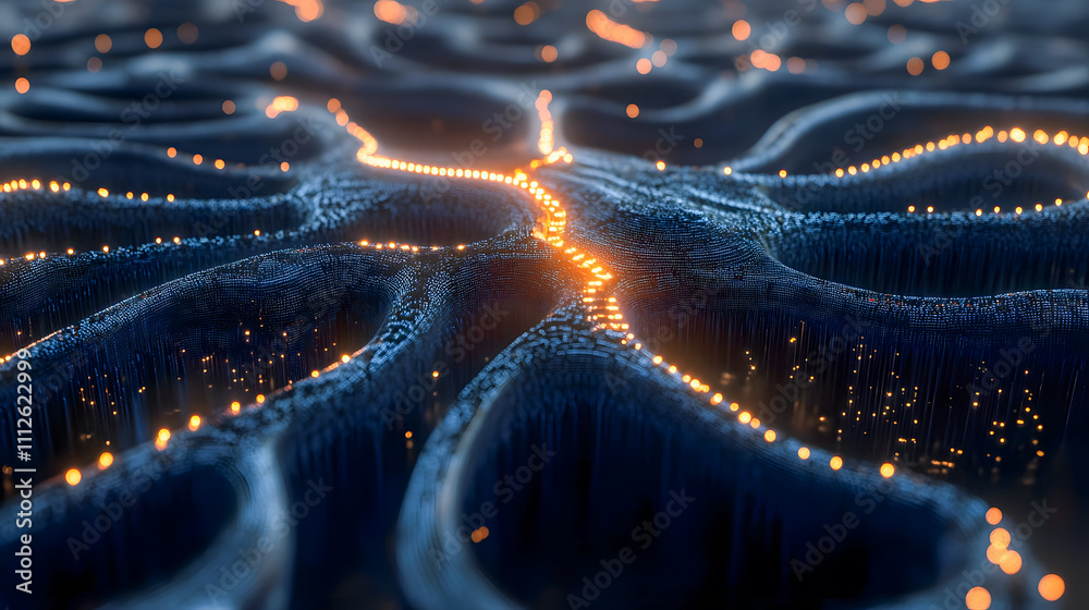 Fototapete Abstract representation of neural network connections with glowing nodes and intricate surface patterns in a dark background
