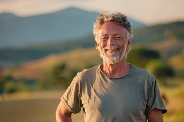 Portrait of a happy caucasian man in his 60s dressed in a casual t-shirt in front of quiet countryside landscape