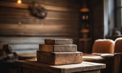 Rustic Stacked Wooden Blocks on Table in Cozy Cabin Setting:  A  stack of weathered wooden blocks rests on a rustic table in a cozy cabin setting, bathed in warm, natural light.
