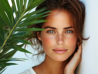 Fototapeta premium Woman with light freckles in natural outdoor setting, natural beauty, pure and effortless look