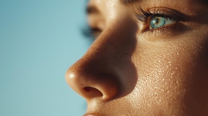 Fototapeta premium Light freckles glowing on sunkissed skin, natural beauty, pure and healthy complexion