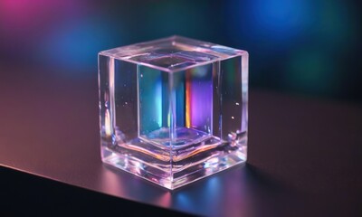 Abstract Crystal Prism: A captivating 3D render of a transparent cube with a vibrant prism effect, showcasing the interplay of light and color against a gradient background.