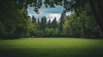 A lush green football field at a local park, framed by tall trees and a distant playground