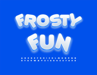 Vector playful poster Frosty Fun. Glowing White Font. Snow style Alphabet Letters and Numbers set.