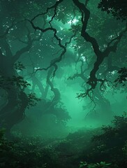 Fototapeta premium A dense and vibrant forest with a thick layer of fog rolling in through the trees, greenery, dense foliage