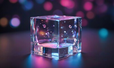Prismatic Cube: A mesmerizing cube of glass filled with water and air bubbles, illuminated by a symphony of vibrant, colorful lights. This abstract image evokes a sense of wonder and mystery.