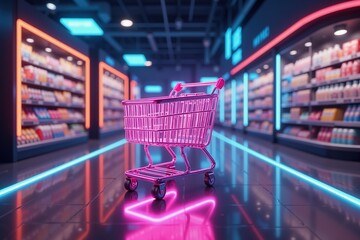 Neon-lit shopping cart in a futuristic supermarket aisle.