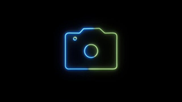 camera icon neon animation. Luminous signboard camera motion graphics.
