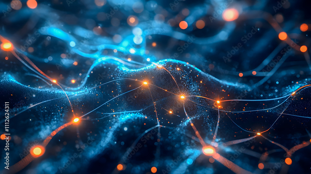 Poster abstract blue and orange flowing waves with glowing particles representing digital network connectio