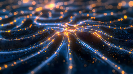 Obraz premium Abstract digital background with glowing particles in waves of light creating a mesmerizing visual experience in dark tones