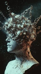 Eruptive mindscape with chains and sculptural form