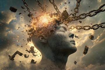 Cracked head in sky, radiant chains breaking apart.