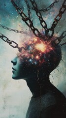 Profile view of head with universe bursting out