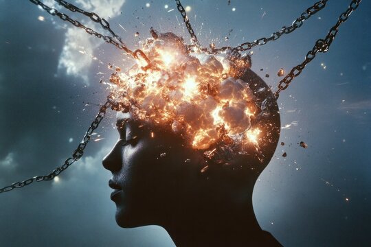 Conceptual explosion of ideas from head silhouette