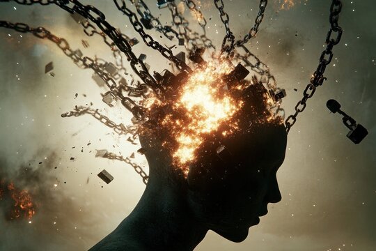 Chains breaking from head with fiery explosion effect