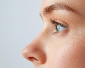 Soft natural freckles on a womans nose and cheeks, natural beauty, pure and delicate details