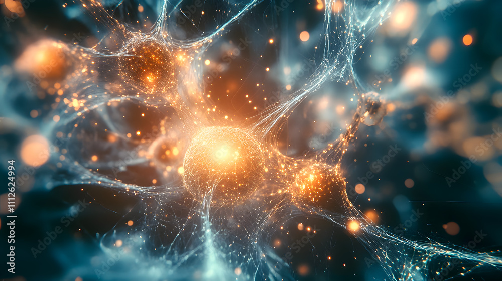 Poster abstract visualization of neurons and synapses with glowing connections in neural network structure