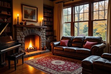 Fototapeta premium Cozy autumn living room with fireplace and warm decor in rustic setting.