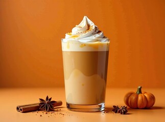Fall Iced Latte, Pumpkin Spice, Orange Background, AI Photo, Autumn Drinks, Delicious Coffee, Cozy Vibe