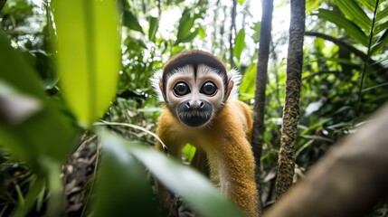 Fototapeta premium A spider monkey's habitat captured in a wide-angle shot, showcasing towering trees and dense undergrowth
