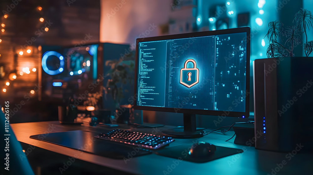 Poster modern computer workspace with cybersecurity theme featuring lock icon and digital code on display s