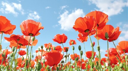 Obraz premium A field of poppies swaying gently in the breeze on a breezy spring day under a clear blue sky, nature, colors, flowers, serenity