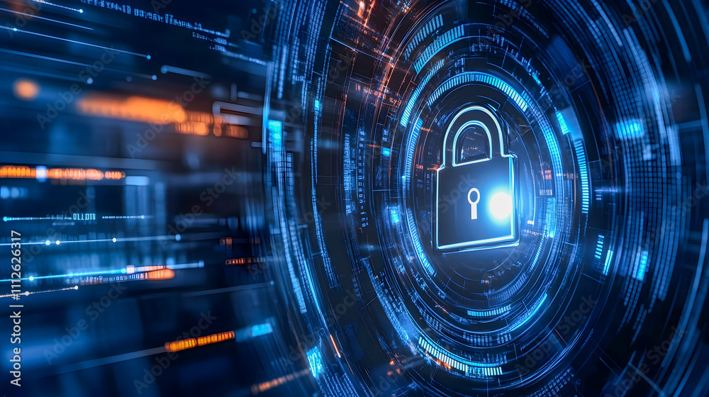 Poster digital lock symbol on futuristic background representing cybersecurity concepts and data protection