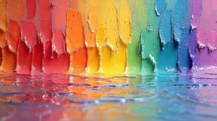 Rainbow color dripping over moist canvas with relief