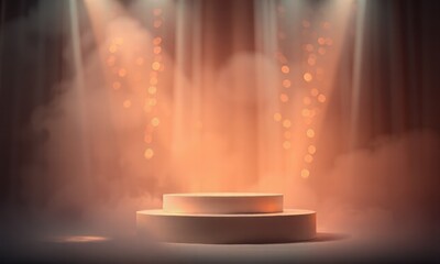 Stage Spotlight: Podium bathed in warm light, ready for a grand reveal. A dramatic backdrop with smoke and spotlights creates an air of anticipation and excitement.  
