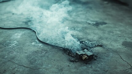 Smoke rising from a partially burnt electrical cord lying on a concrete floor