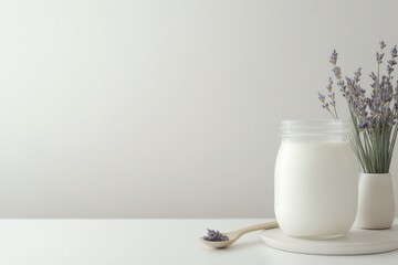 On a table, you can find a glass filled with refreshing milk alongside a beautiful vase containing vibrant flowers. copy space, Traditional and Milk Consumption Trends, Milk and Dairy Products