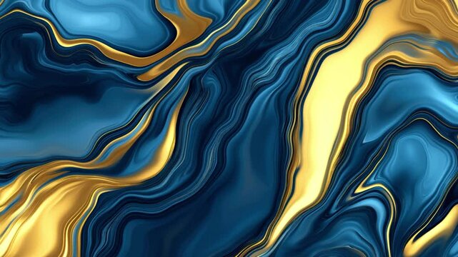Abstract flowing blue and gold marbled patterns, fluid art, modern creative backgrounds. 4k seamless loop
