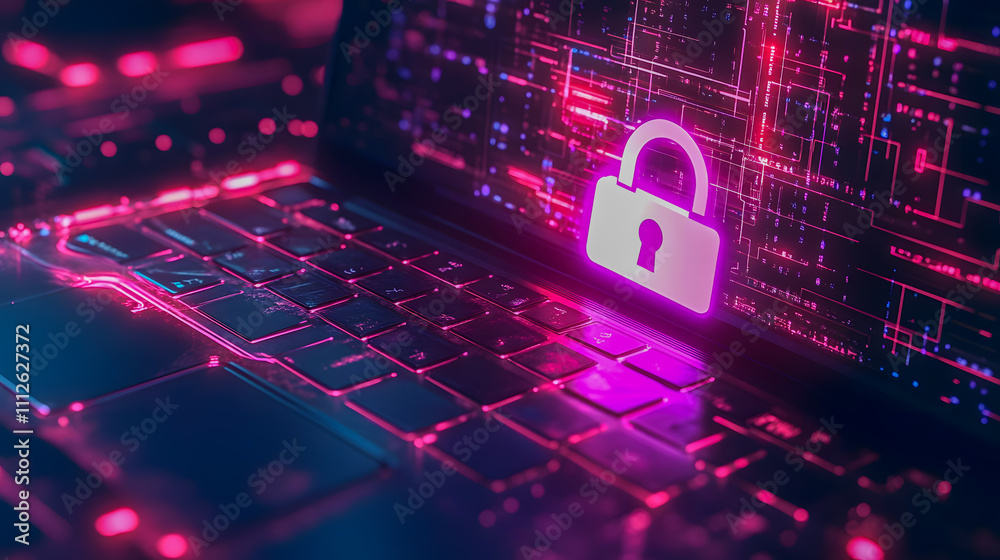 Poster digital security concept with lock icon on laptop keyboard and abstract data background in neon colo