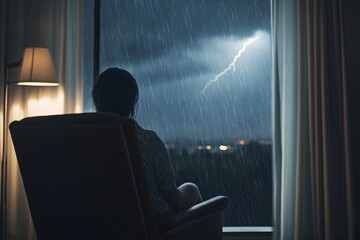 Woman watching stormy night rain from window lightning cityscape view