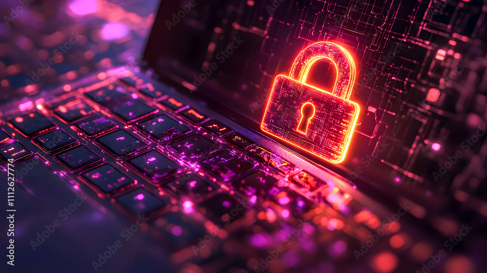 Poster digital security concept with glowing lock symbol on laptop keyboard illustrating encryption and cyb