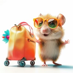 Naklejka premium Funny hamster enjoying a sunny day at the beach with colorful sunglasses and a ready-to-go suitcase
