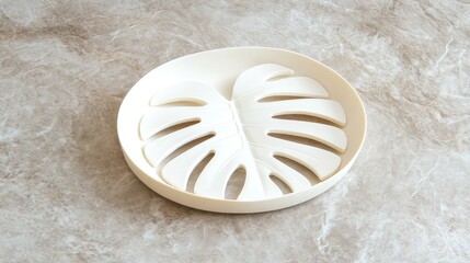 White leaf-shaped plate rests on a gray marble table with a soft cloth napkin, creating a minimalist and sophisticated setting