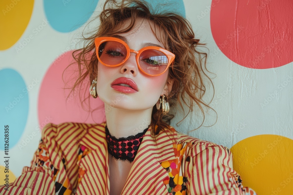 Poster surreal editorial featuring a model in mid-century modern clothing, blending abstract design with vi