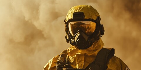 Nuclear warfare concept with person in hazmat suit amidst smoke