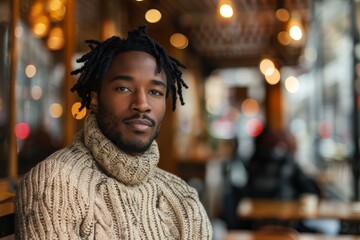 Obraz premium Portrait of a satisfied afro-american man in his 30s dressed in a warm wool sweater over bustling city cafe