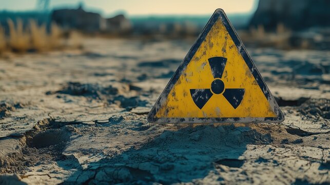 Nuclear warfare concept with radioactive warning sign on desolate wasteland