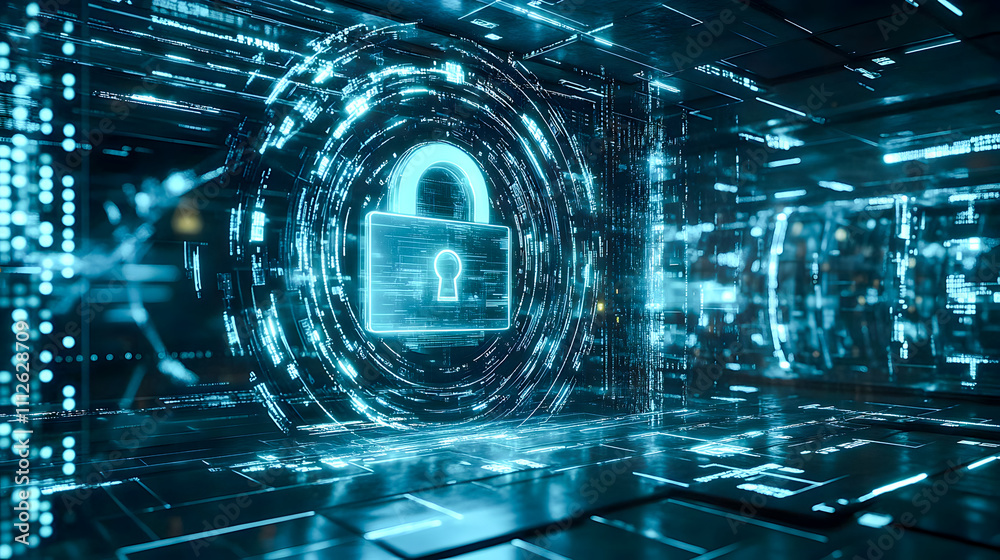 Poster digital lock in cybersecurity environment with futuristic design and data protection visualization