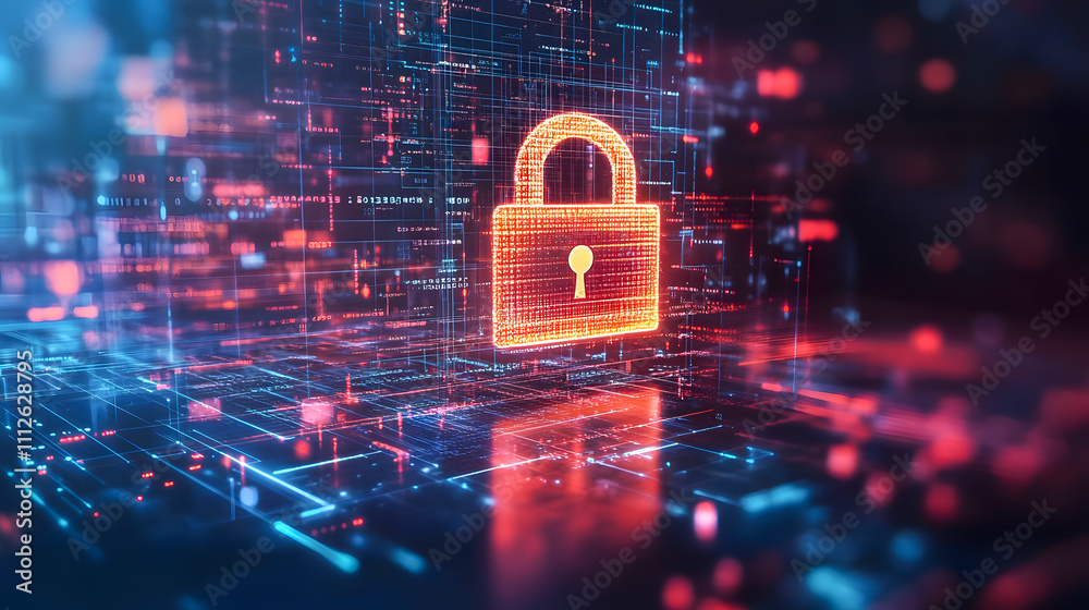 Poster digital representation of cybersecurity concept with glowing lock symbol surrounded by data streams 